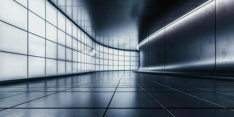 Poster - A large, empty room with a long, narrow hallway