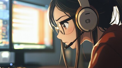 Poster - Young woman programmer wearing headphones and glasses concentrating on her computer screen, working late at night in a dimly lit room