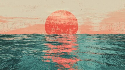 Poster - The sun sets over the calm ocean, casting a warm glow and creating a serene seascape with vibrant colors reflecting in tranquil waters
