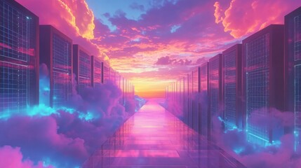 Poster - A captivating view reveals a pathway surrounded by towering structures, bathed in brilliant colors as clouds drift above.