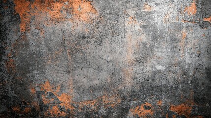 Poster - Orange and gray concrete wall exhibiting a distressed, grunge aesthetic, marked by cracks, discoloration, and a textured surface, creating a visually striking background