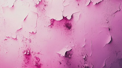 Poster - Close-up of a pink wall with cracked and peeling paint, revealing layers of textured plaster underneath, creating an abstract and grunge-style background