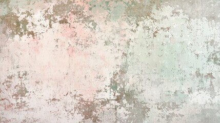 Poster - Distressed wall surface with peeling paint revealing layers of pink, green, and white, creating an abstract textured pattern, ideal for backgrounds and design projects