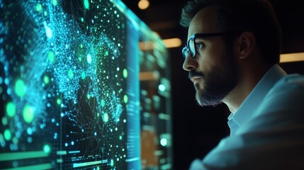 Poster - A dedicated professional examines intricate digital data visualizations on transparent screens in a contemporary office.