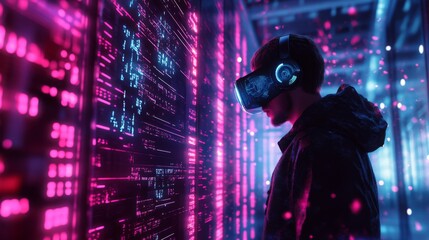 Poster - A person wearing a virtual reality headset stands immersed in a colorful digital environment.