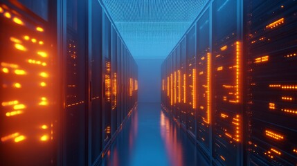 Leinwandbilder - A narrow corridor within a data center showcases rows of servers, with bright orange lights illuminating the space. The cool blue backdrop enhances the modern, technological atmosphere.