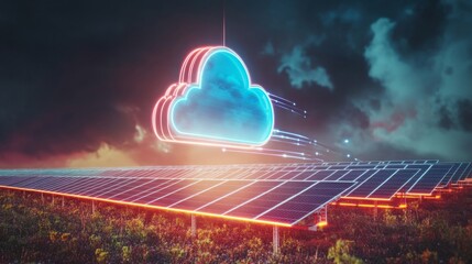 Poster - The image shows a glowing blue and pink cloud symbol floating above a field of solar panels. The panels are illuminated by the light from the cloud.