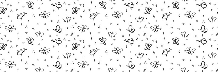 Poster - Seamless pattern with handdrrawn butterflies. Contour drawn cute moth insect background. Doodle scribble hearts and butterfly, children style drawing. Nature classy vector repeating monochrome patern.