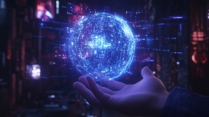 Fototapete - A person's hand gently cradles a luminous blue sphere filled with intricate digital patterns. The sphere pulses with light, suggesting energy and data flow.