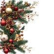 © Nataly G - Christmas wreath isolate. Christmas garland wreath made of pine branches, pine cones and ribbons. New Year and Christmas decor. Festive home decoration for Christmas.