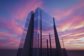Poster - A modern skyscraper reflects a vibrant sunset sky.