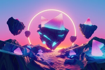 Poster - Surreal landscape with glowing crystals and a halo in the sky
