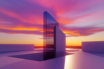 Poster - Modern glass building reflecting sunset sky