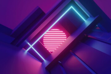 Aufkleber - Abstract neon art with glowing lines and a pink sun in the center of intersecting geometric shapes.