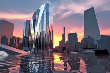 Poster - Modern cityscape with a glassy skyscraper reflected in water at sunset.