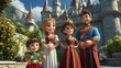© Anisah - Animated Characters in Royal Costumes Standing Outside a Majestic Castle with Towering Spires and Lush Gardens, Celebrating a Enchanting Fantasy Landscape Scene