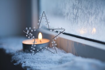 Aufkleber - A silver star with crystals sits on snow by a lit candle  with a frosted window in the background.