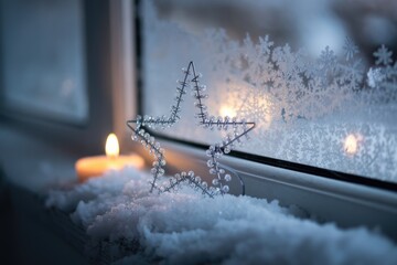 Aufkleber - A silver star with frosty window and candlelight