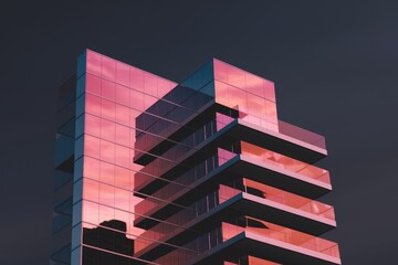 Poster - Modern skyscraper with pink glass reflecting the sunset