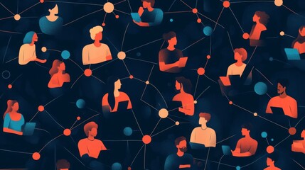 Poster - Colorful abstract art displays various people engaged in virtual conversations within a digital network.