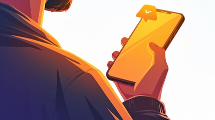 A person holds a smartphone with a bell icon and a cinematic icon of a living design. Yellow light shines out of the device against a dark background