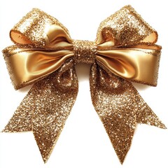 Gold bow isolate. Gold festive bow isolated on a white background. Festive ribbon. Gift wrapping bow.