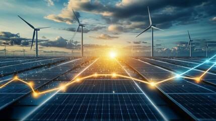 Aufkleber - As the sun sets, solar panels gleam and wind turbines rise, highlighting a harmonious blend of renewable energy in a sustainable environment.