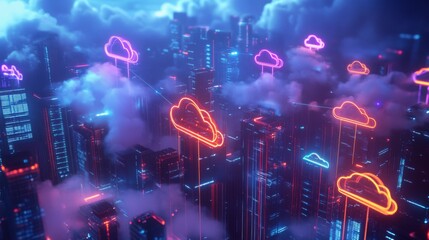 Aufkleber - A vibrant night scene shows glowing neon clouds hovering over a futuristic metropolis.