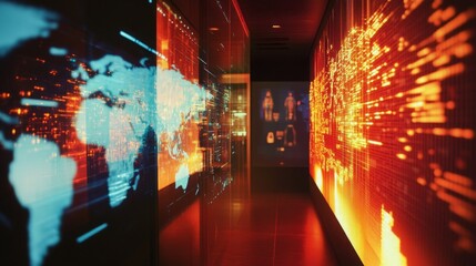 Fototapete - A futuristic corridor features glowing screens displaying a world map and vibrant data visualizations.