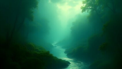  Mystical green landscape with a winding river and lush vegetation in a serene and ethereal atmosphere