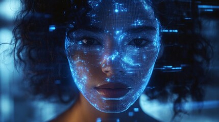 Poster - A captivating visual of a woman with curly hair, her face illuminated by intricate blue digital patterns. The glowing designs give a futuristic feel, creating a blend of technology and beauty.