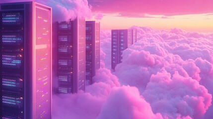 Poster - Multiple tall server racks with flashing lights are surrounded by fluffy pink clouds. The sky above is a vibrant blend of pink and orange.