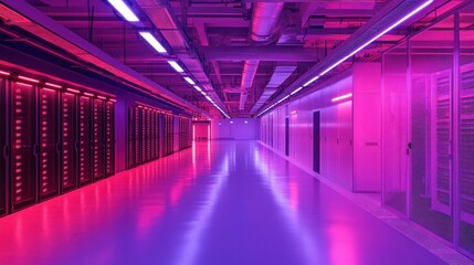 Poster - Futuristic Data Center with Neon Lights Featuring Reflective Floors and Server Racks in a Vibrant Pink and Blue Color Scheme Ideal for Technology and Innovation Themes