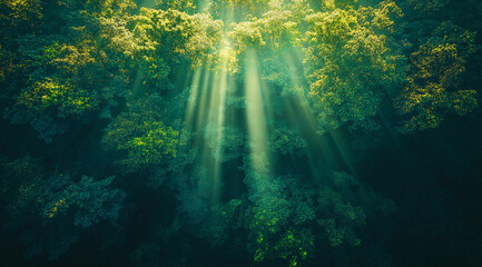 Aufkleber - Sunlight streams through a dense canopy in a lush forest at midday