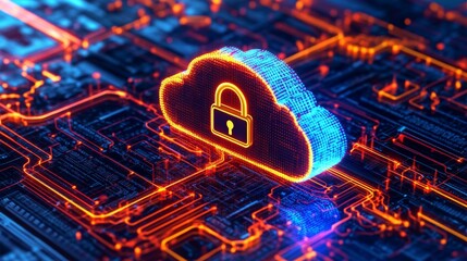Poster - A glowing blue cloud with a padlock icon sits on a circuit board with glowing orange lines.
