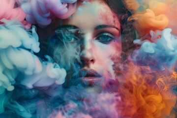 Poster - Colorful smoke envelops a woman's face in a captivating blend of hues, creating an enchanting and dreamy atmosphere that highlights her features.