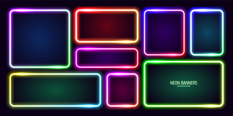 Wall Mural - colorful glowing neon banners, illuminated square frames. shiny vibrant border, glow effect. purple 