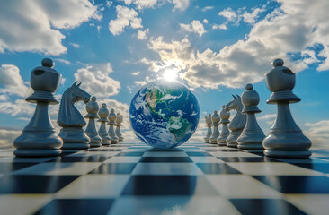 Poster - planet earth sits on a chessboard against the sky. chess pieces are placed in front of the earth. co