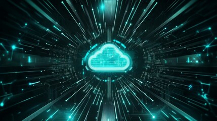 Poster - A glowing blue cloud symbol sits in the center of a dark background, surrounded by glowing lines that resemble data streams.