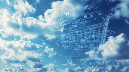 Leinwandbilder - A wireframe image of a shopping cart is displayed against a blue sky with white clouds. The cart is floating in the air, surrounded by various symbols and icons related to online shopping.