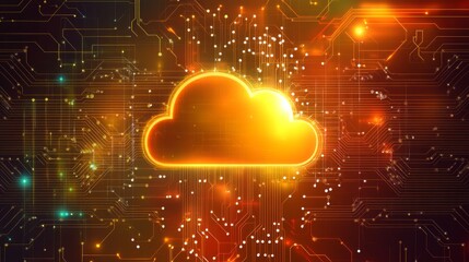 Leinwandbilder - An orange, glowing cloud icon is depicted against a background of intricate circuit board lines.