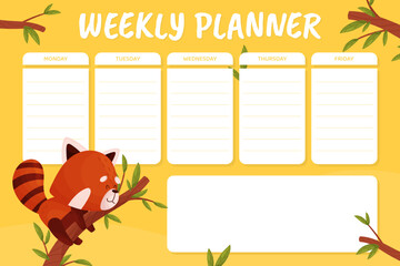 Wall Mural - empty weekly planner with cute red panda character vector template