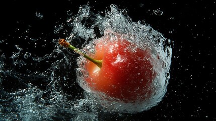 Wall Mural - Red Cherry Splashing Into Water Against Black Background