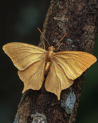 Wall Mural - Golden butterfly brooch with gemstone eyes resting on textured tree bark.  
