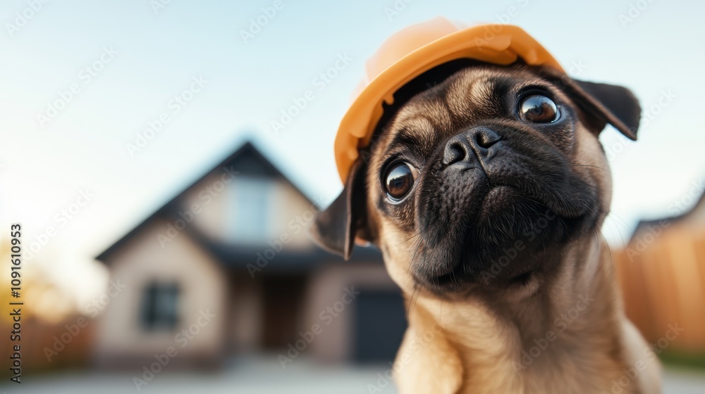An inquisitive pug puppy wearing a safety helmet, gazing at the camera ...