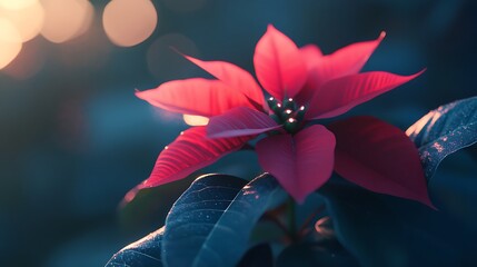 Wall Mural - A vibrant red poinsettia blossoms brightly against a dark background