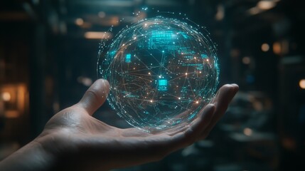 Fototapete - Close-up view of a hand gently holding a translucent sphere illuminated by cyan light. The sphere displays a complex network of interconnected nodes resembling a digital world map.