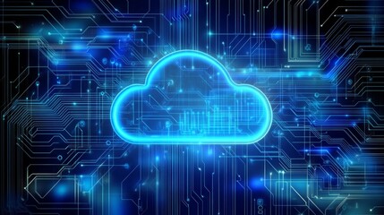 Poster - The image shows a digital illustration of a cloud icon, glowing blue, set against a background of blue circuit boards.