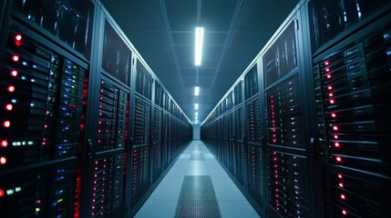 Leinwandbilder - Rows of servers line a dimly lit corridor in a modern data center, their lights blinking steadily. The atmosphere is technical and high-tech, illustrating the complexity of data management.