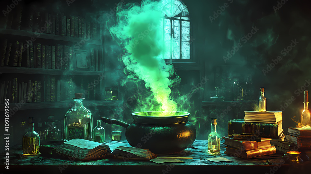 Dark witchs room with books and potion bottles. bubbling cauldron ...